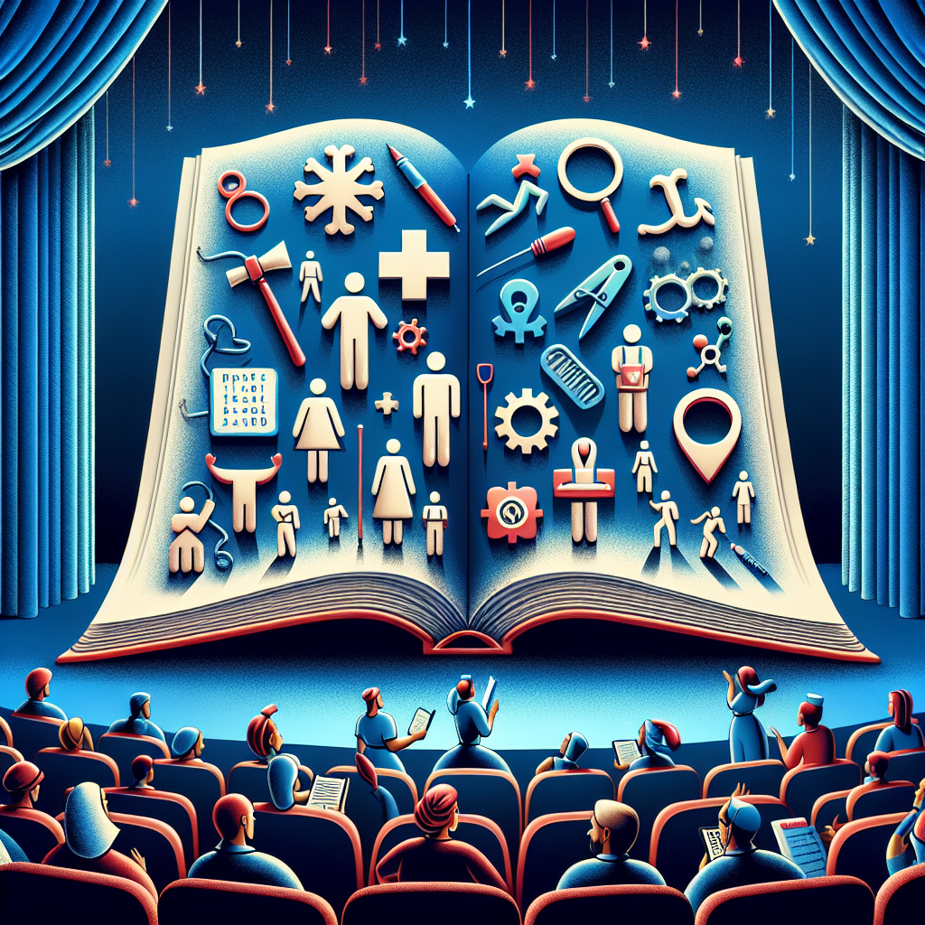 an image of a theater stage where various characters and symbols from different industries come to life near an open book, depicting storytelling as a powerful tool to captivate candidates and clients in recruitment in a realistic, detailed style