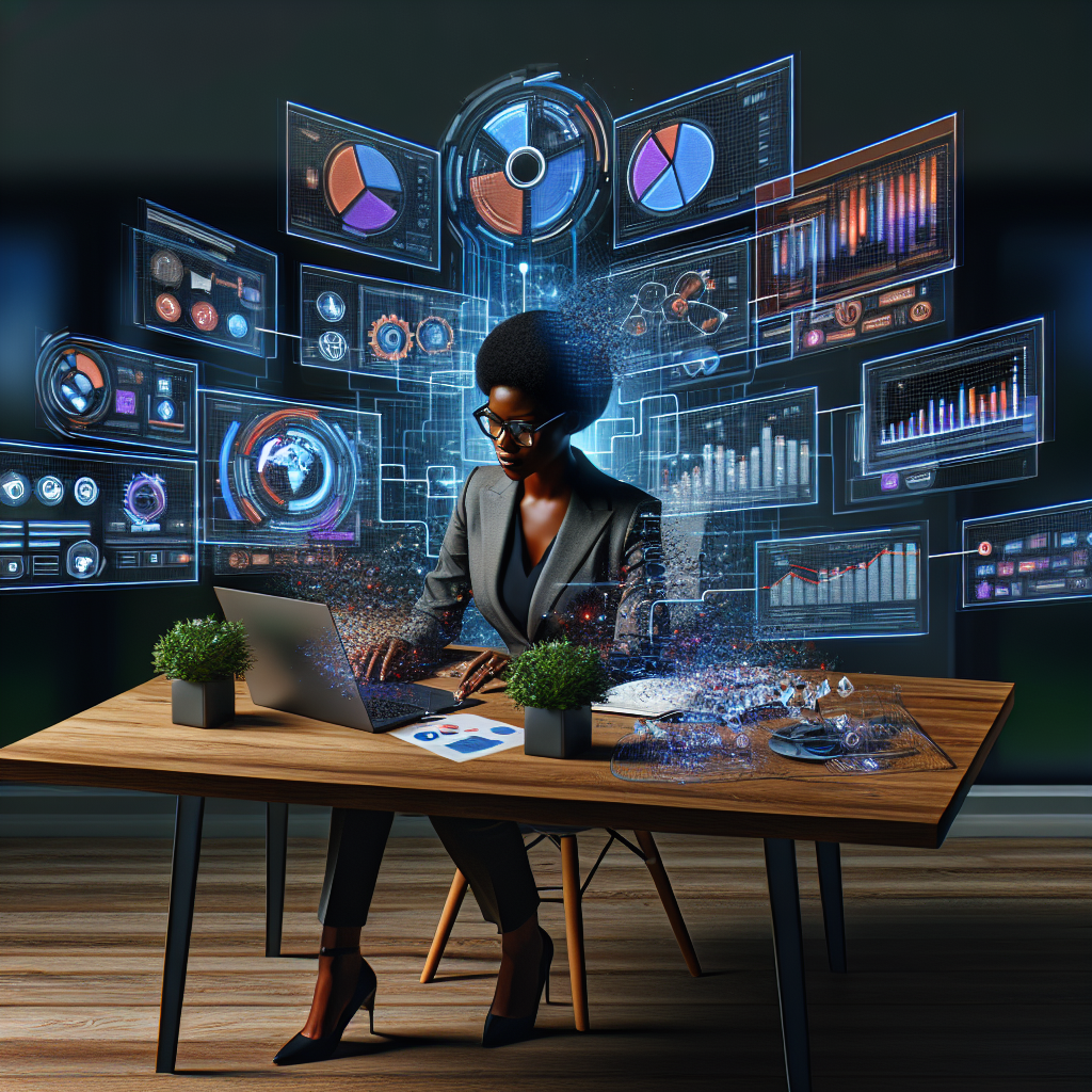 Generate an image of a digital marketing strategist at a desk cluttered with colorful charts and graphs, depicting the concept of a strategic marketing mix for a staffing agency. The scene should be dynamic, showing various marketing channels like websites, social media, and email, represented as holograms rising from the desk.