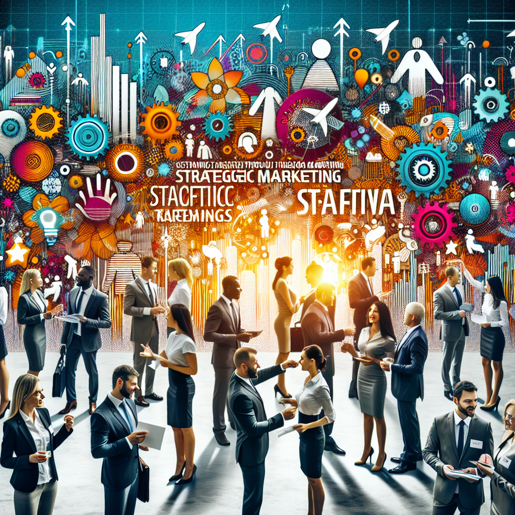 Generate an image of a bustling networking event with diverse professionals exchanging business cards and marketing materials. The background should feature banners with slogans related to expanding clientele through strategic marketing for staffing agencies.