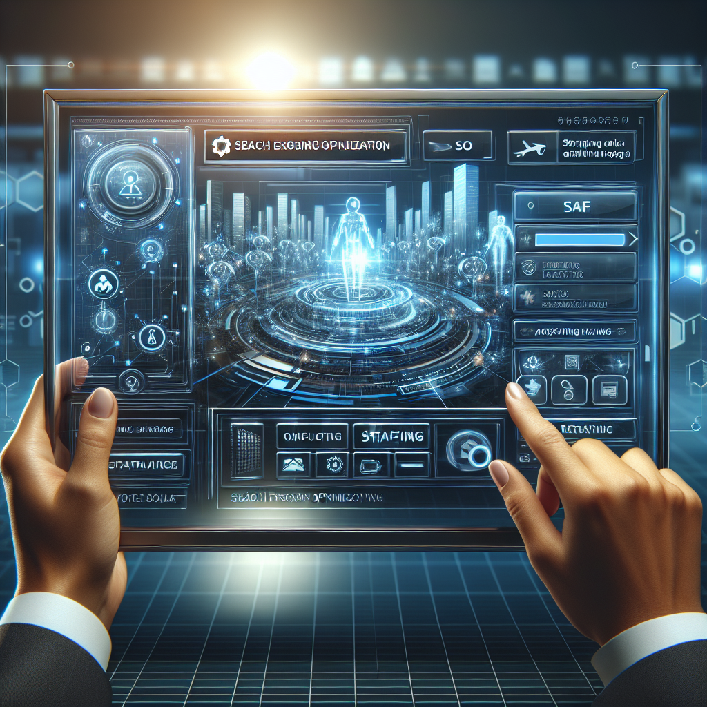 Generate an image of a futuristic, interactive website interface on a large touchscreen, showcasing a sophisticated design optimized for attracting and engaging clients of a staffing agency. Include visual elements that symbolize SEO and user-friendly navigation.