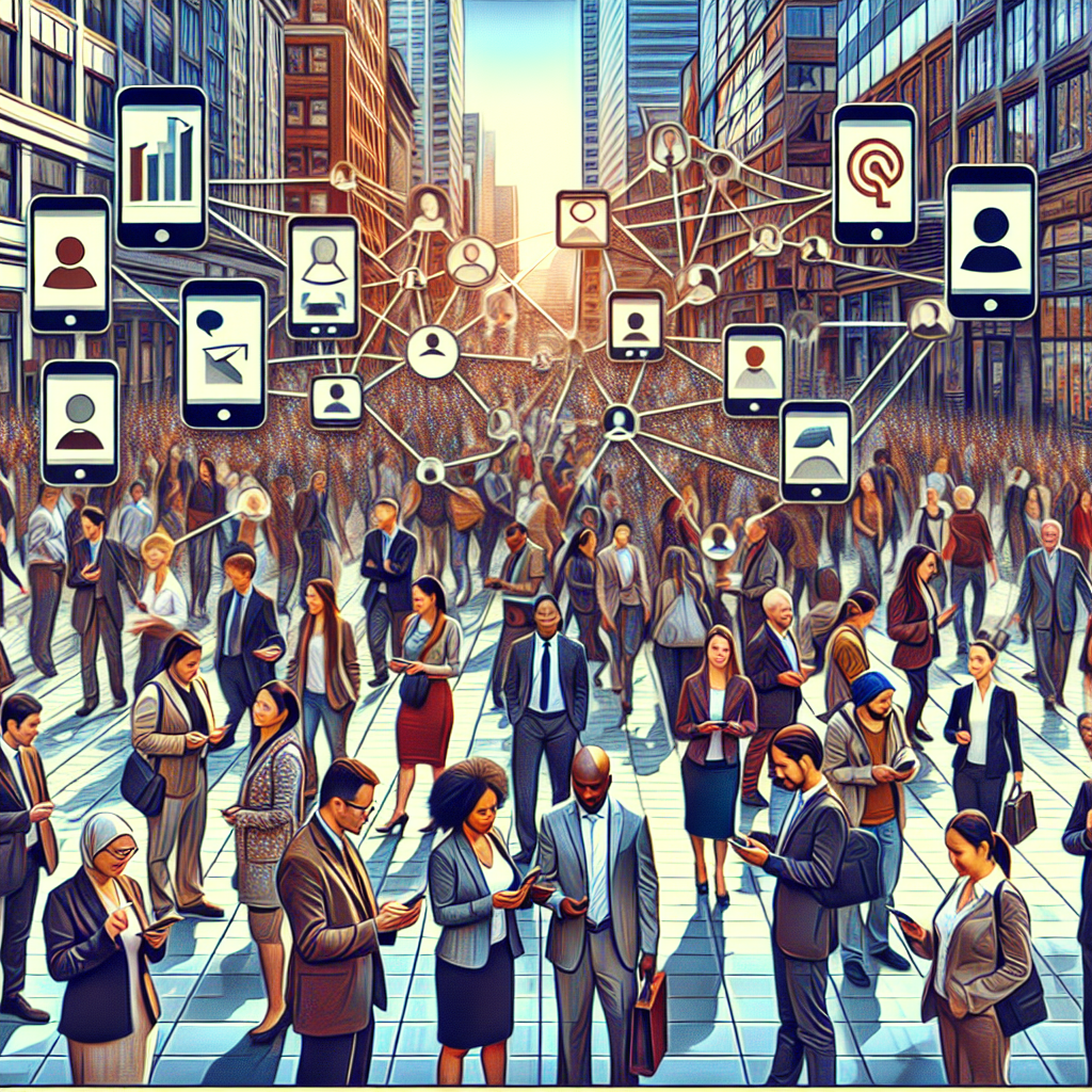 Generate an image of a lively urban street scene with people engaged in conversation, symbolizing word-of-mouth marketing. Include visuals of smartphones showing social media interactions, highlighting the blend of traditional and modern marketing strategies for staffing agencies.