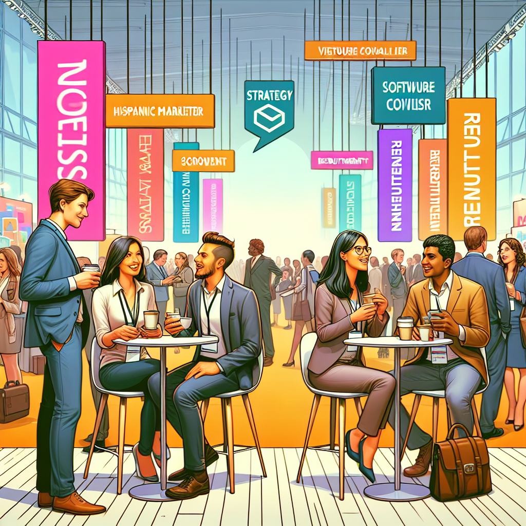 Generate an image showcasing a bustling networking event where professionals are engaging in lively conversations. People from diverse backgrounds are exchanging business cards against a backdrop of branded banners and booths promoting recruitment services. The atmosphere is vibrant, showcasing the energy of strategic networking in a modern conference setting.