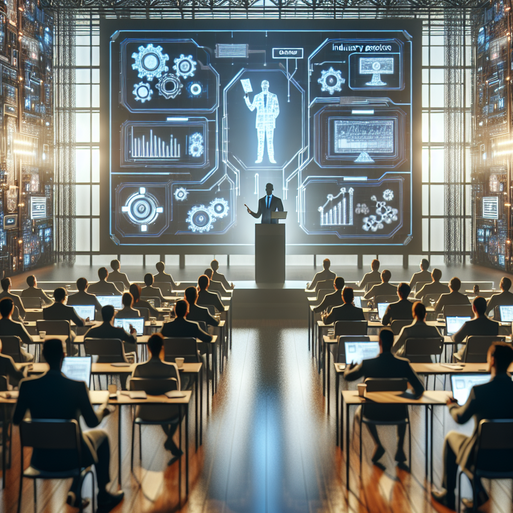 Generate an image of a workshop scene where an industry expert is conducting a presentation on stage. The audience is attentively listening, with some participants taking notes. The room is equipped with high-tech presentation tools, and the speaker's slides highlight strategies for increasing brand visibility through events. The focus is on education and expertise sharing.