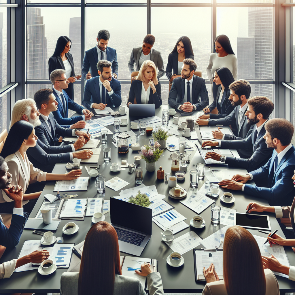 Generate an image depicting a collaborative meeting between representatives of different companies. They are brainstorming partnership ideas around a large table filled with documents, laptops, and coffee cups. A mix of formal attire reflects their professional engagement, while a city skyline view through a large window suggests ambition and growth potential.