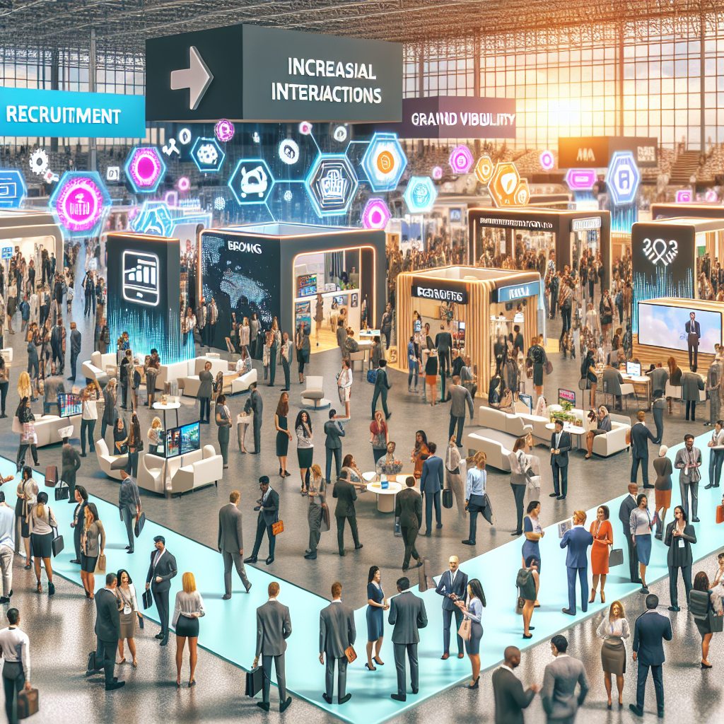 Generate an image of a lively exhibition hall where recruitment agencies have set up interactive booths. Attendees are engaging with recruiters and exploring various innovations. The environment is dynamic, featuring digital displays, demo areas, and branded giveaways, capturing the essence of enhancing personal interactions to grow brand presence.