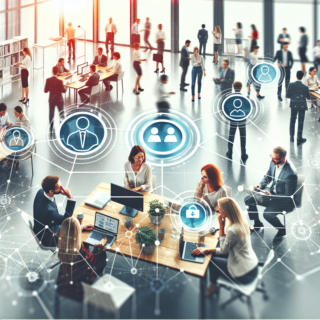 Generate an image of a bustling recruitment agency office where employees are actively engaging with clients and prospects through video calls and digital platforms, with visual elements symbolizing referral marketing like network nodes and connection lines. The scene is vibrant and full of energy, reflecting a modern and efficient workplace.