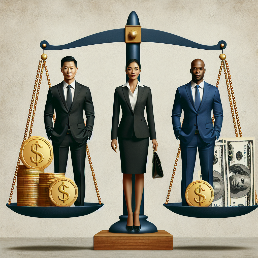 Generate an image of a scale with two balanced sides: on one side, high-quality candidates standing confidently, and on the other, symbols of reduced recruitment costs like coins and dollar bills. The image should convey the idea of balance and value brought by referral marketing.