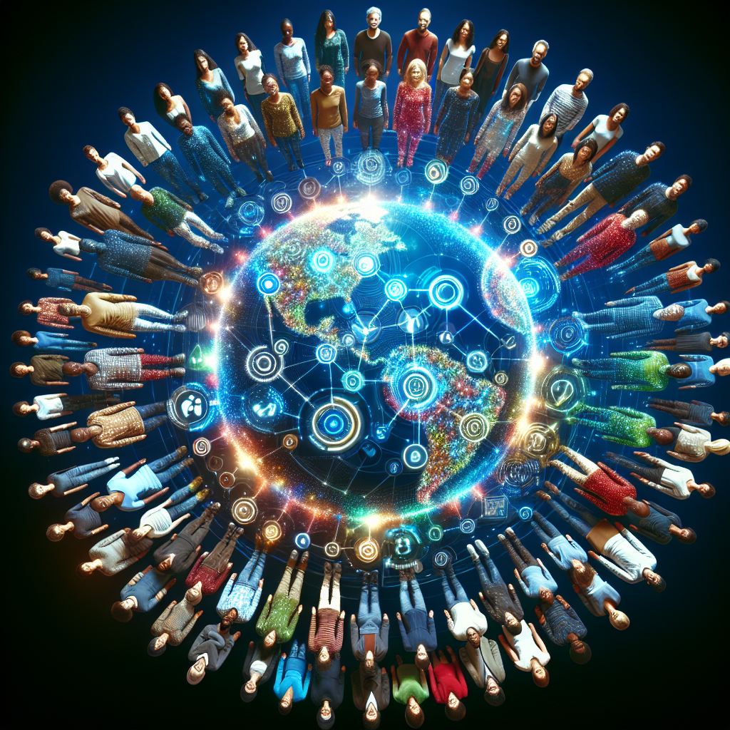 Generate an image of a diverse group of people connected by glowing lines, symbolizing a referral network. They are standing in a strategic circle, with some holding symbols of growth like upward arrows and graphs, showcasing the sustainable growth and strengthened relationships through referral marketing.