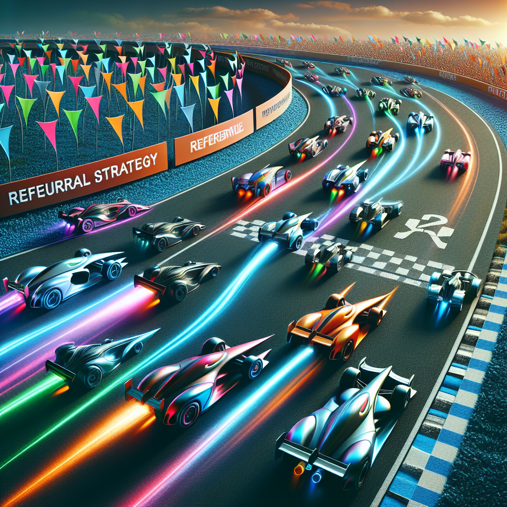 Generate an image of a dynamic race track where recruitment agencies are depicted as sleek racing cars zooming towards the finish line labeled 'Successful Placements'. Banners along the track read 'Referral Strategy', illustrating how this approach leads to faster hires in a competitive market.