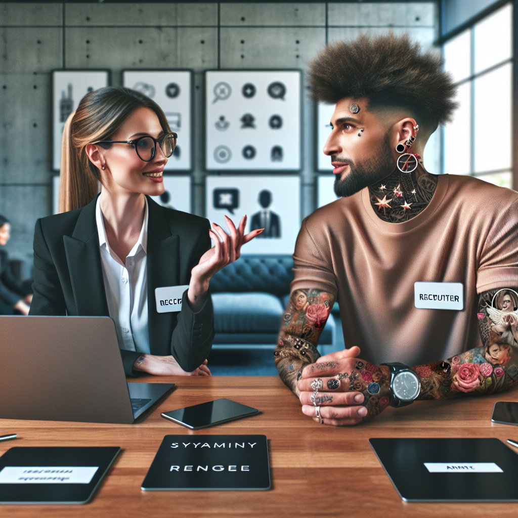 Generate an image of a professional networking scene at a modern office, depicting a recruiter engaging with a popular social media influencer. The setting should be bright and vibrant, with elements like laptops, name badges, and marketing materials subtly branded with a fictional staffing agency logo. Capture the essence of a partnership in the digital age, emphasizing technology and collaboration.