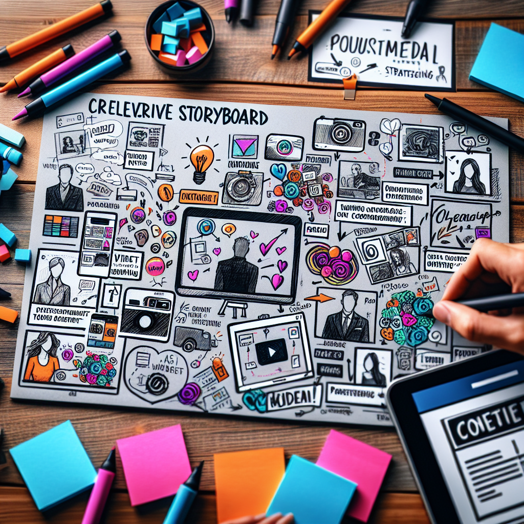 Generate an image of a creative storyboard for a social media campaign. Include sketches of various content ideas, such as Instagram posts, TikTok videos, and LinkedIn articles, focusing on how a staffing agency can use influencer marketing. The scene should be artistic and dynamic, with colorful sketches and sticky notes scattered around, reflecting a brainstorming session full of energy and innovation.