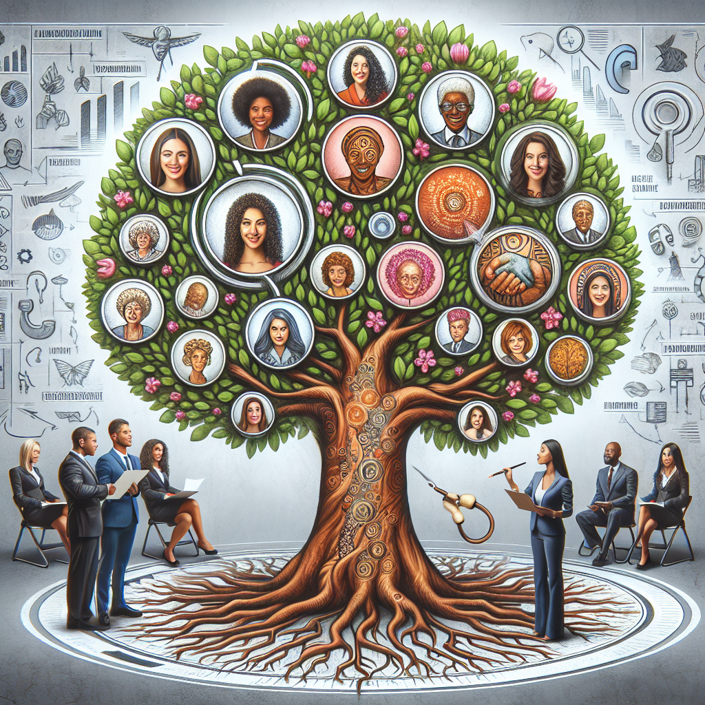 Generate an image showing a long-term business relationship between a staffing agency and a group of diverse influencers. Illustrate a tree growing from a small seedling into a mighty oak, symbolizing the growth and sustainability of their partnership. Include representations of different influencer niches, like a beauty guru, tech reviewer, and fitness coach, as branches of the tree.