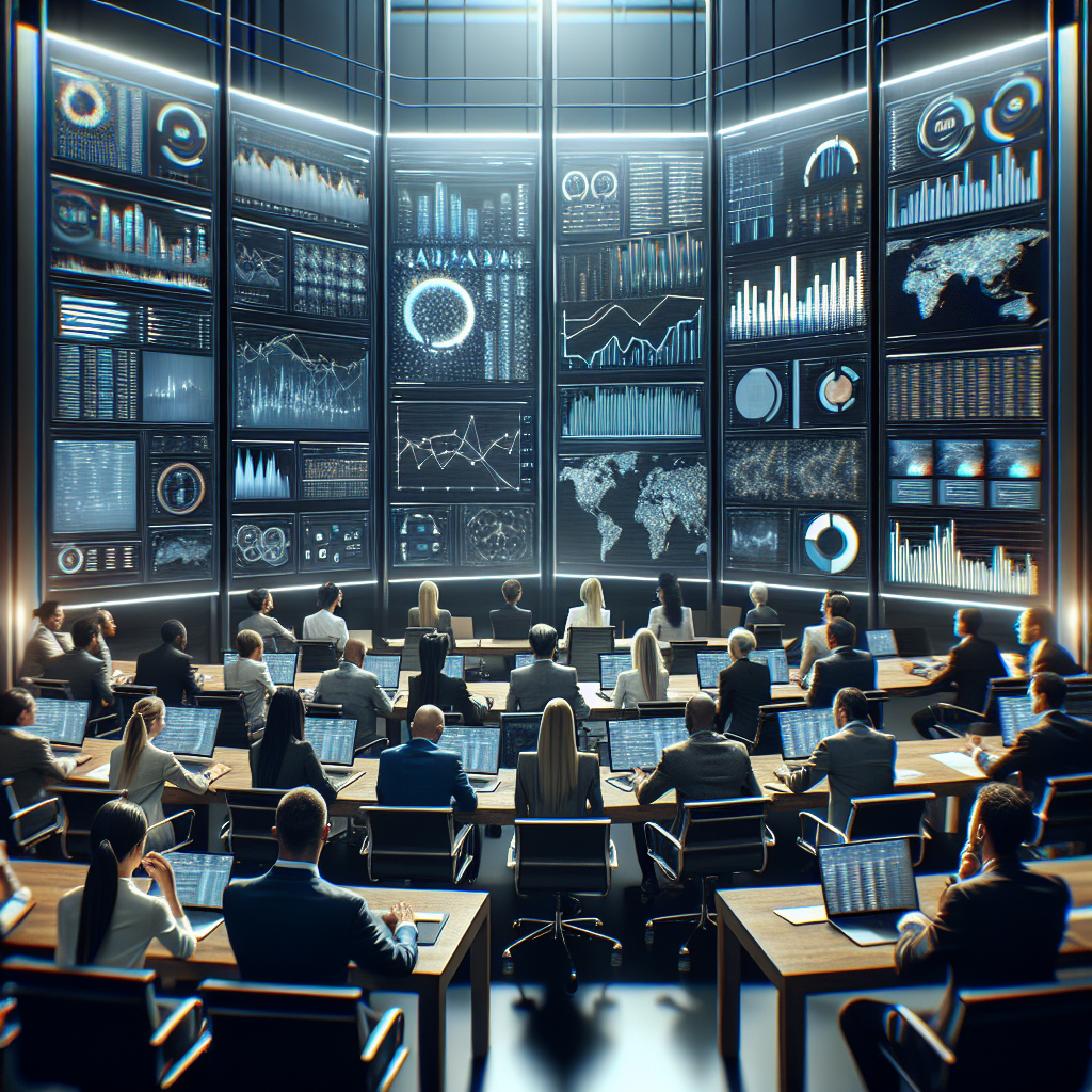 Generate an image of a conference room where business professionals and influencers are analyzing campaign results using digital dashboards and analytics software on large screens. The atmosphere should be focused and high-tech, highlighting the importance of measuring campaign impact for improved visibility and reputation in the staffing industry.