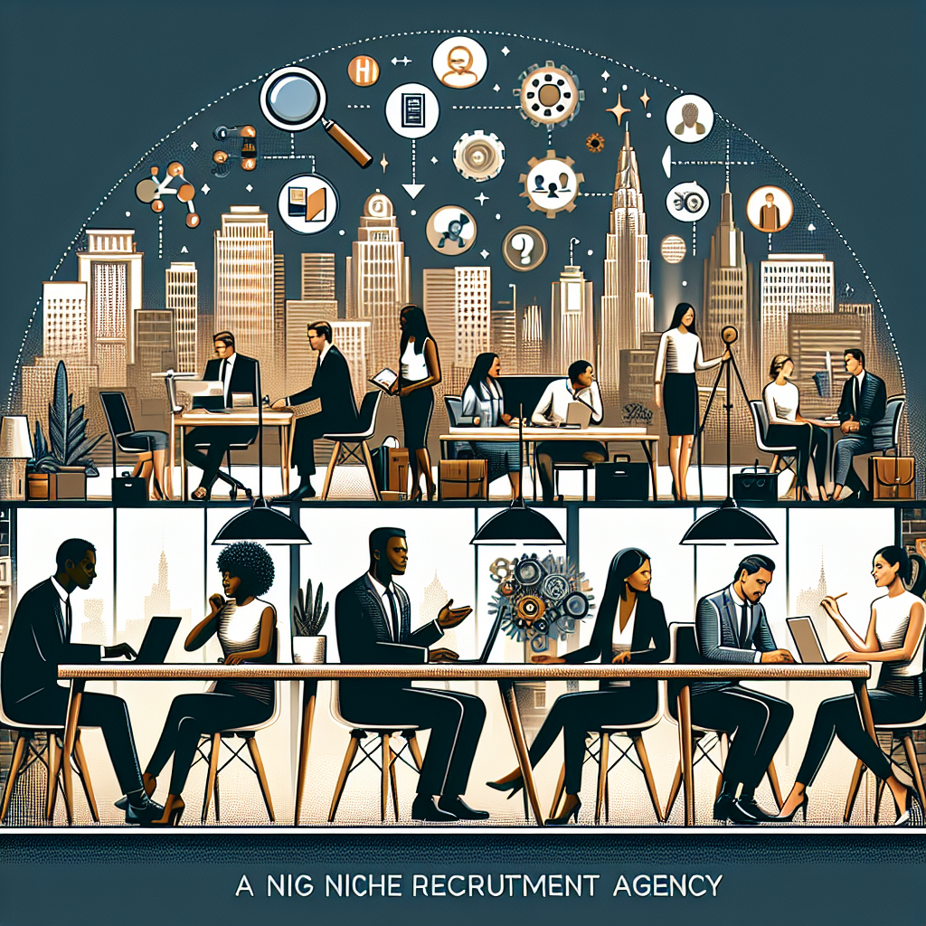 Generate an image of a bustling urban office environment with a diverse group of professionals interacting, symbolizing a specialized recruitment agency at the heart of a specific sector. Include elements like sector-specific tools or icons subtly integrated into the office decor to emphasize sector expertise.