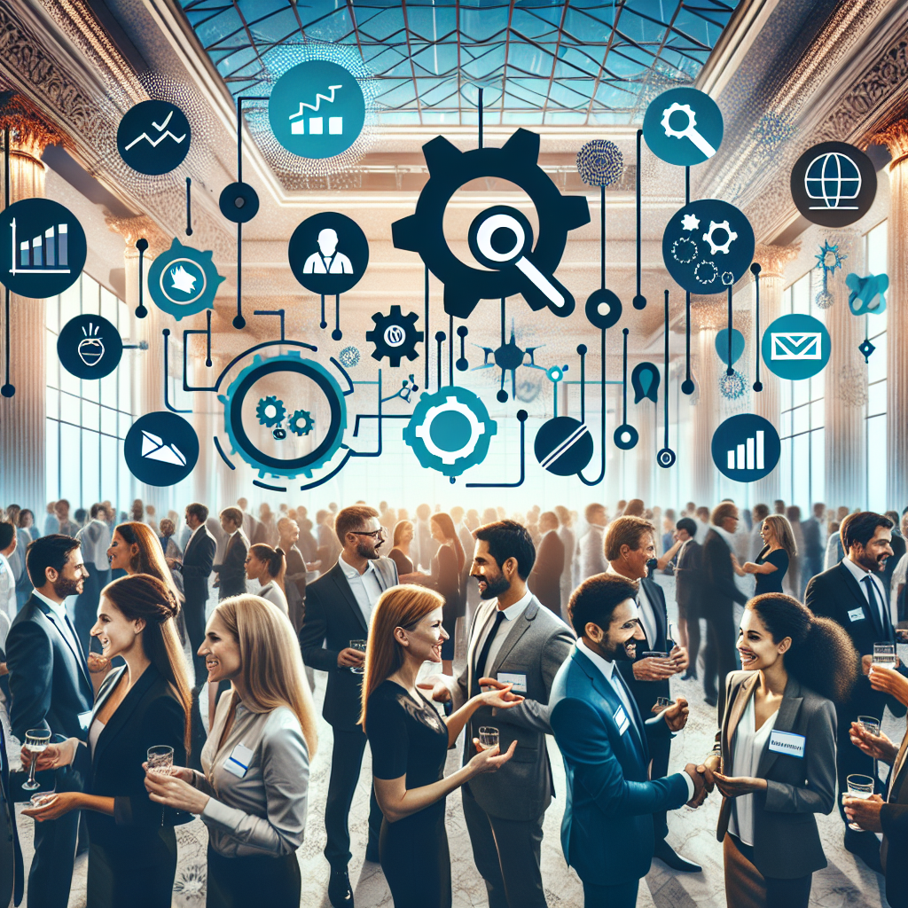 Generate an image of a dynamic networking mixer event taking place in a luxurious venue, with professionals exchanging ideas and business cards. The setting should reflect a specific industry, with banners and visuals that suggest sector-specific achievements and collaboration.