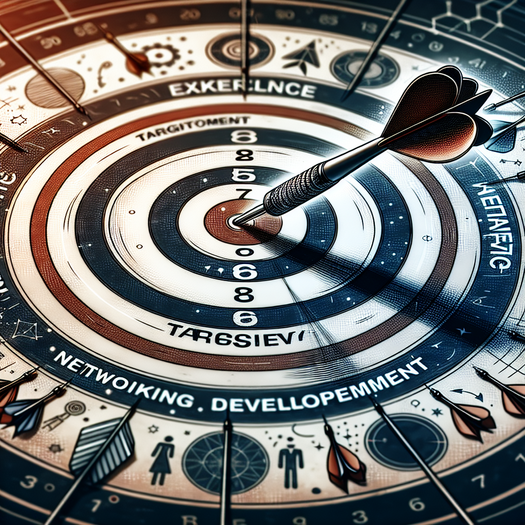 Generate an image illustrating the concept of targeted marketing for a recruitment agency specializing in a niche sector. Use visual metaphors such as a dartboard with a bullseye hit by an arrow labeled 'Expertise,' and surrounding arrows representing 'Networking,' 'Development,' and 'Marketing.'