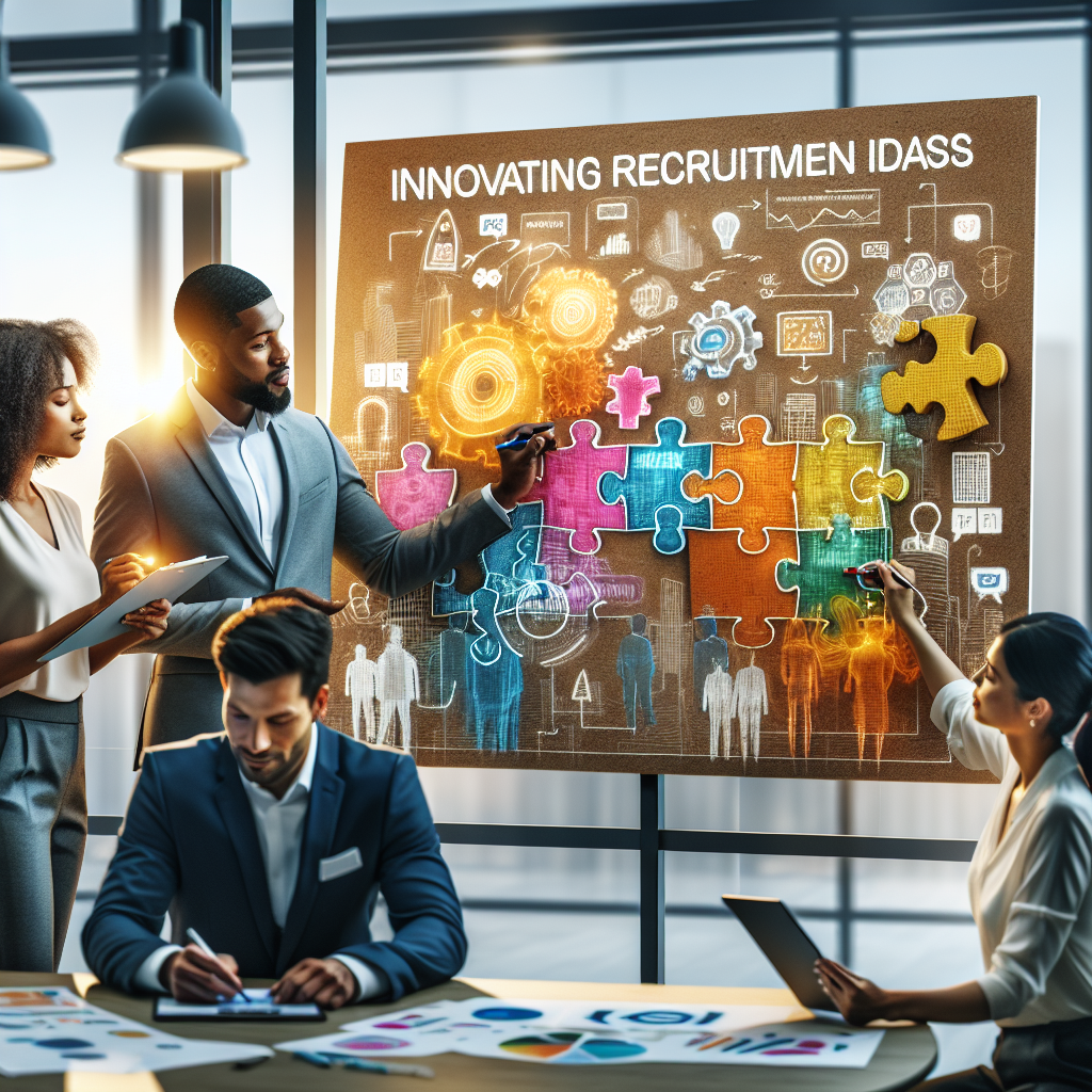 Generate an image showcasing a team-building workshop in progress, where a group of recruitment specialists are engaging in collaborative activities. The scene should convey a sense of innovation, teamwork, and industry-specific learning, with interactive tools and presentations reflecting the sector's themes.