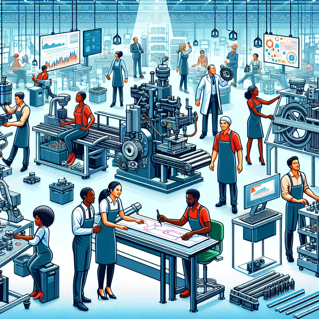 Generate an image showcasing the dynamic world of temporary work in various industries. Visualize a bustling production factory with diverse workers engaging in different tasks, symbolizing the high demand for temporary staff. Include elements of automation and teamwork, with a blend of modern machinery and human collaboration in a vibrant setting.