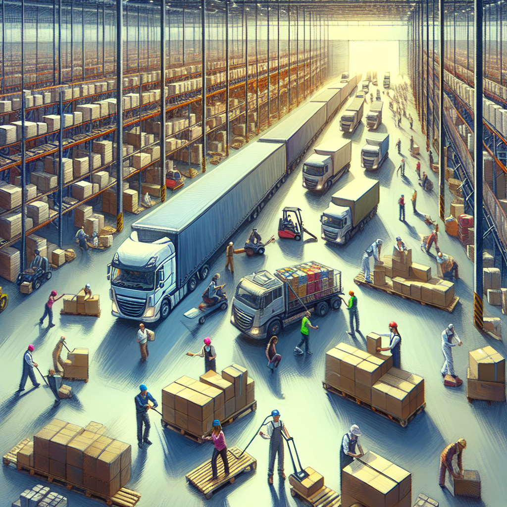 Generate an image illustrating the flexibility in the logistics sector. Depict a large warehouse with temporary workers efficiently organizing packages. Showcases trucks being loaded and unloaded with precision, emphasizing seamless flow and adaptability in managing seasonal demand changes.