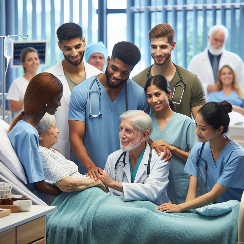 Generate an image capturing the compassionate atmosphere in the healthcare sector. Visualize temporary healthcare workers assisting patients in a hospital setting, with a focus on diverse staff interacting positively with patients, symbolizing the support and care provided through temporary work arrangements.