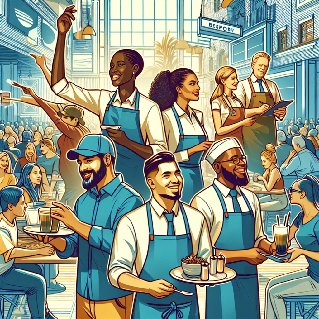 Generate an image portraying the lively ambience of the hospitality industry. Depict a busy restaurant with temporary staff gracefully serving customers. Showcase a mix of cultural diversity among the staff, highlighting the adaptability to market fluctuations and peak seasons with a focus on customer satisfaction.