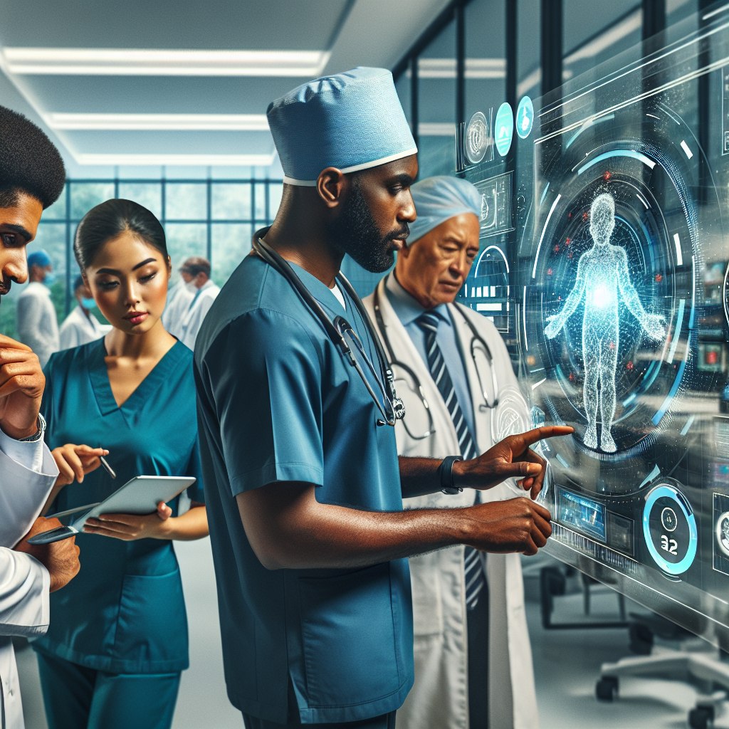 Generate an image depicting a dynamic healthcare environment where diverse healthcare professionals are engaged in innovative recruitment strategies. The setting should be a modern hospital with advanced technology and a diverse team of doctors and nurses interacting creatively. The atmosphere should be energetic and collaborative, showcasing diversity and modernity in recruitment practices.