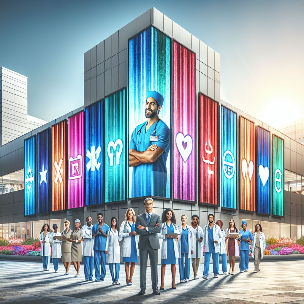 Generate an image showcasing a strong employer brand for a healthcare institution. The focus should be on a visually appealing hospital building adorned with banners and digital signage highlighting its values and commitment to employee growth. Include diverse healthcare professionals happy and thriving at work, emphasizing a positive brand image.