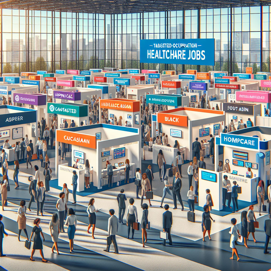 Generate an image illustrating a targeted recruitment campaign for the healthcare sector. The scene should be a vibrant recruitment fair at a convention center, with booths from various hospitals. Emphasize diverse candidates interacting with recruiters, colorful displays, and engaging presentations about healthcare roles, showcasing a lively and focused recruitment effort.