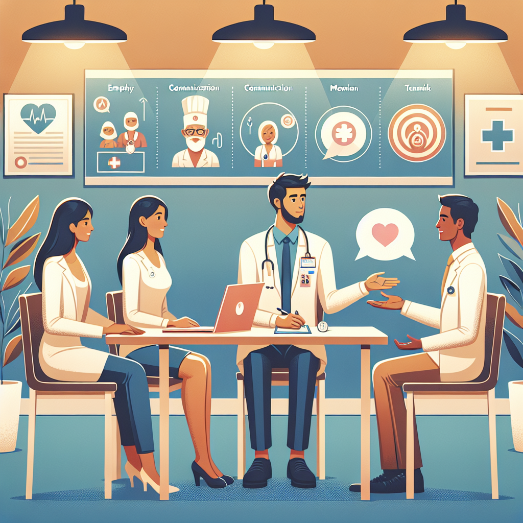 Generate an image highlighting the focus on soft skills within the healthcare recruitment process. Depict a panel of interviewers in a bright, welcoming room evaluating a candidate through interactive activities. Include visual elements representing empathy, communication, and teamwork, with symbols and graphics that emphasize the importance of these skills.