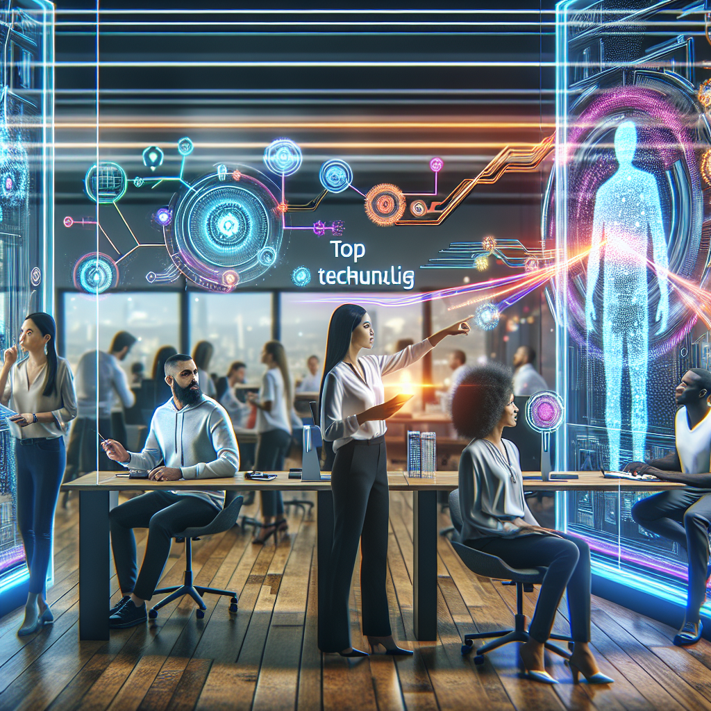 Generate an image of a bustling modern office environment, with a diverse team of recruiters using futuristic technology like holographic displays and AI assistants to attract top technical talent. Incorporate elements that show innovation and connectivity.