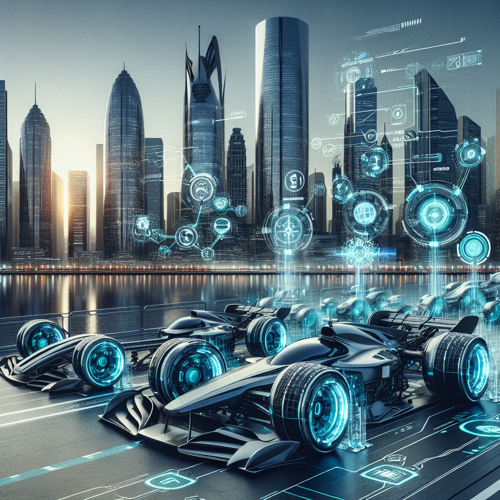 Generate an image of a metaphorical race in a futuristic city, where competing companies are represented as sleek racing cars, each employing unique strategies and technologies to attract technical talent in a competitive market.