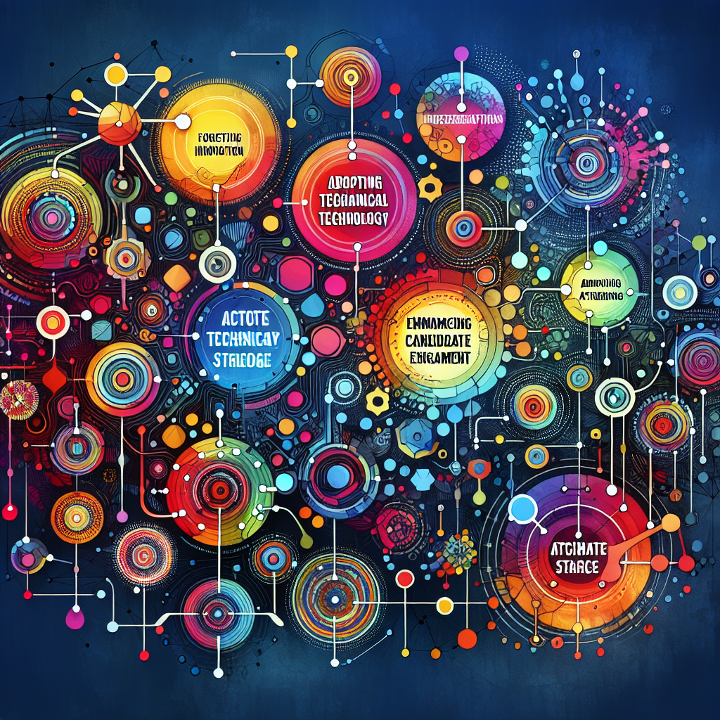 Generate an image of a dynamic mind map with interconnected nodes representing different strategies for attracting technical talent, such as innovation, technology adoption, and candidate engagement. Use vibrant colors and abstract forms to highlight complexity and interconnectivity.