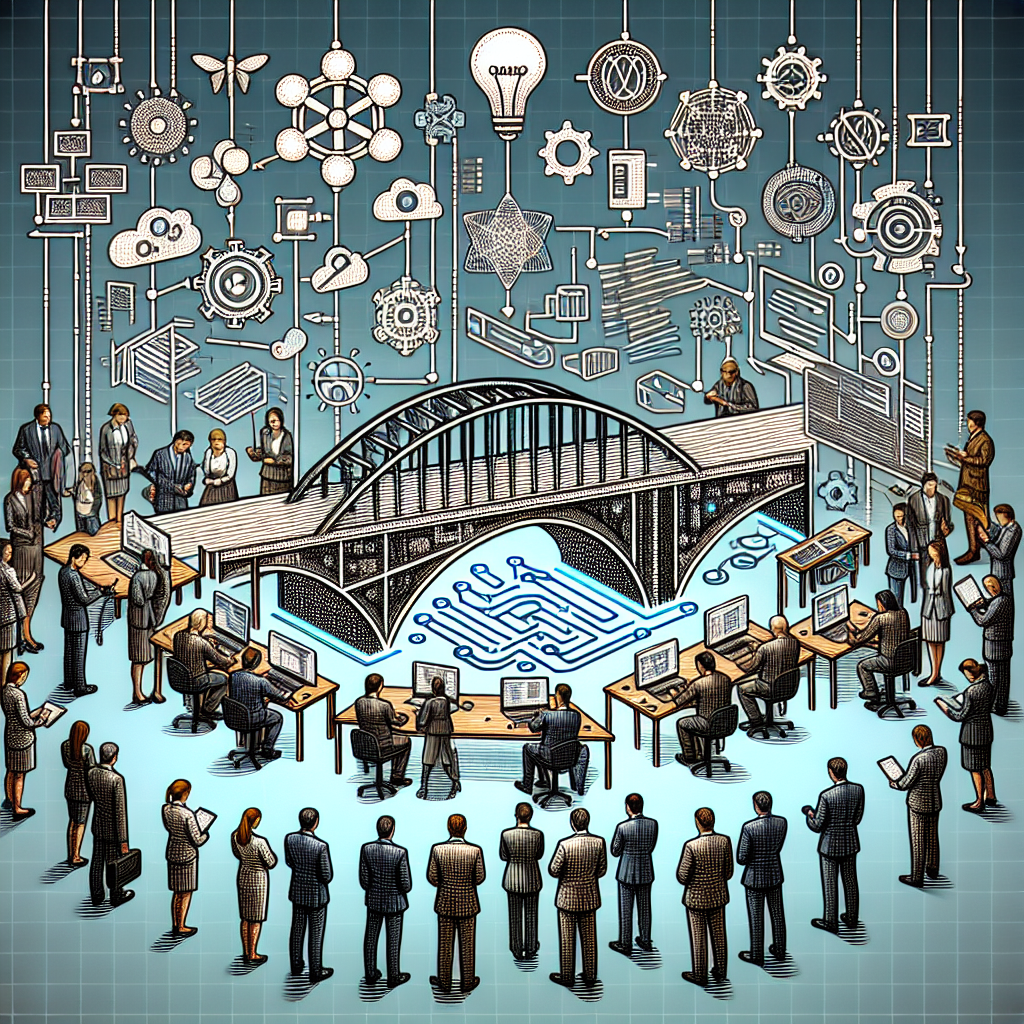 Generate an image depicting a bridge made of technological elements, symbolizing the connection between modern business needs and skilled technical professionals. Include visuals of coding symbols, digital tools, and diverse professionals interacting harmoniously.