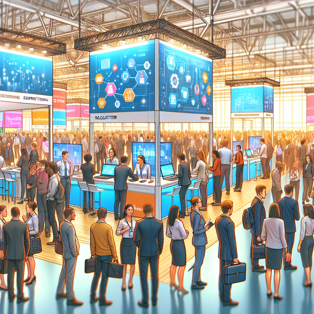 Generate an image of a bustling IT recruitment fair, with enthusiastic recruiters engaging with prospective candidates at colorful booths featuring innovative tech gadgets. The scene is vibrant and lively, reflecting the dynamic nature of the IT sector. The setting is a modern, high-tech exposition hall with digital screens highlighting key recruitment stats.