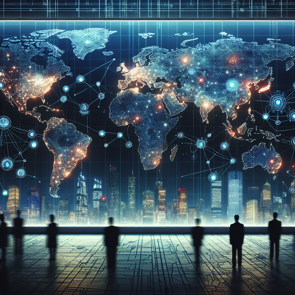 Generate an image depicting a recruitment network map displayed on a large digital board, showcasing the interconnectedness of IT professionals worldwide. The map is filled with nodes and connections, highlighting cultural landmarks and tech hubs. The background shows a blend of city skylines and digital data streams.