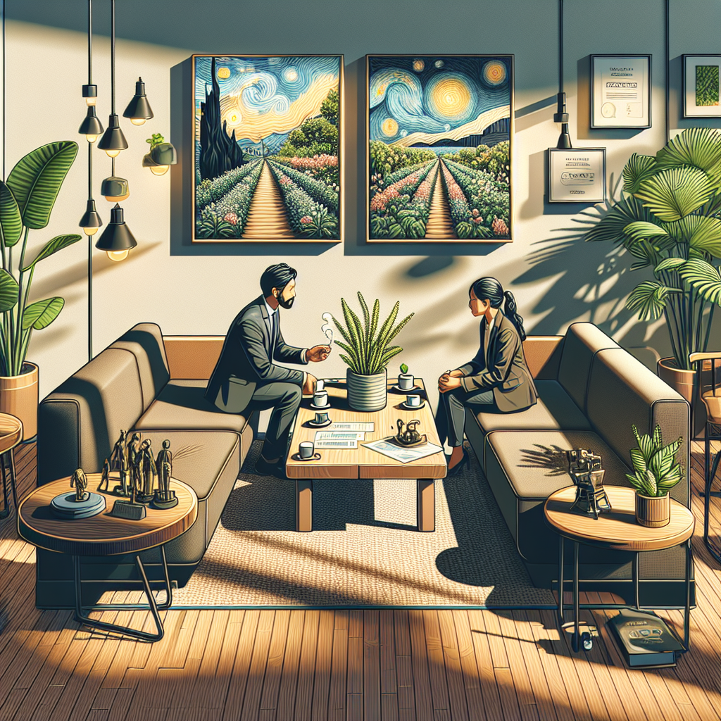Generate an image of a cozy yet modern office space where a recruiter and a candidate are having an informal coffee meeting. The setting reflects a strong company culture fit, with creative inspirations like art pieces, plants, and tech awards visible in the decor. The scene captures a sense of warmth and cultural alignment.