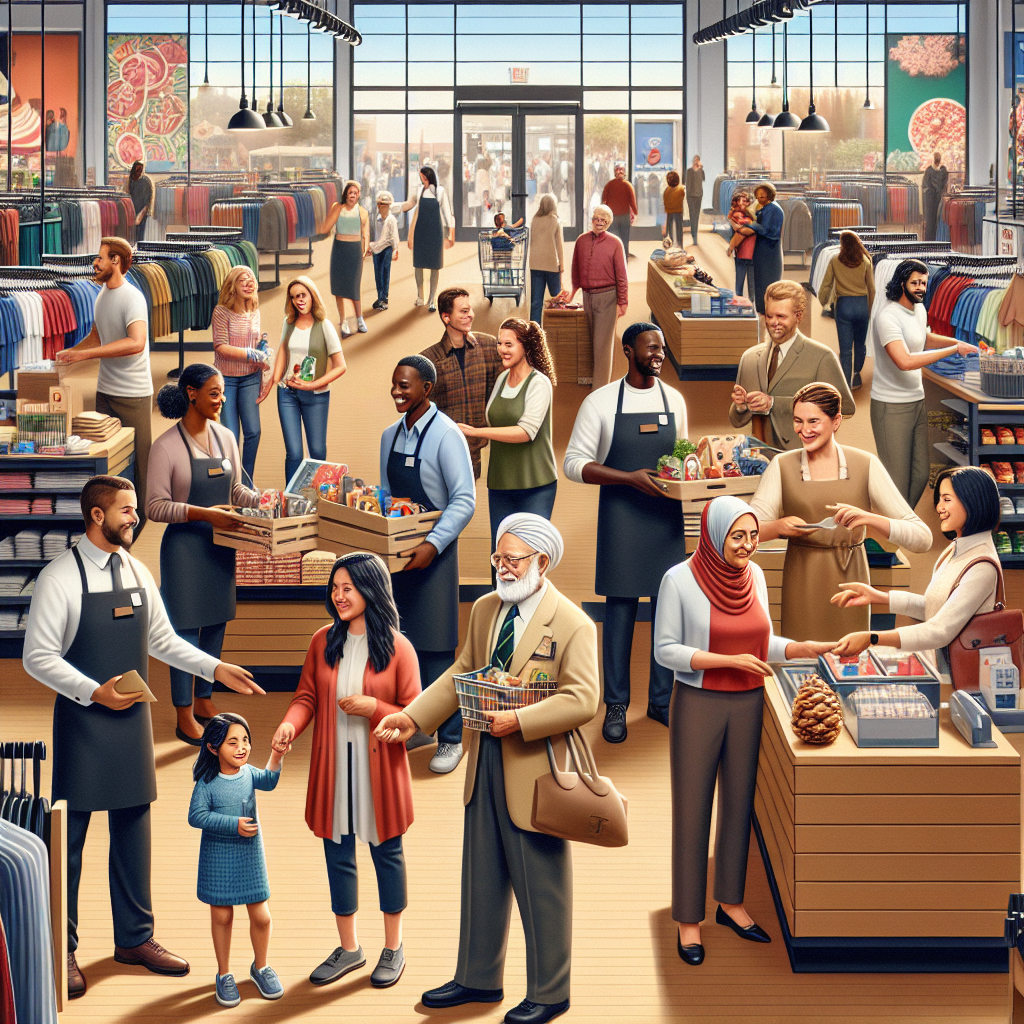 Generate an image of a bustling retail environment showcasing a diverse team of employees assisting customers. The scene captures cultural fit and customer-centric service, with staff members of varying ethnicities, genders, and ages engaging with shoppers. The store should be vibrant and welcoming, emphasizing inclusivity and teamwork.