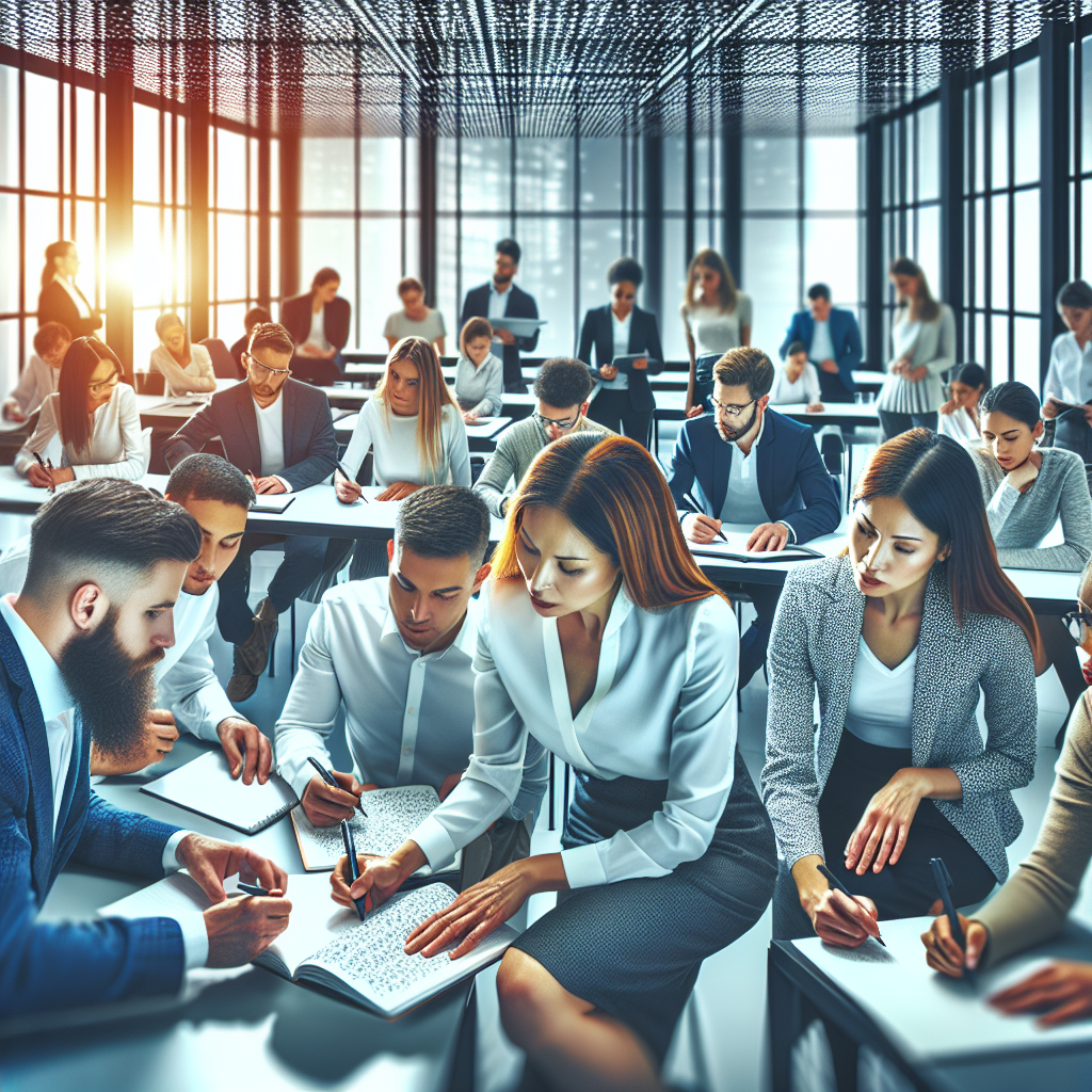 Generate an image of a retail training session where employees are gathered in a modern, well-lit classroom setting. The focus is on professional development, with a diverse group of employees actively participating, taking notes, and interacting with an instructor. The atmosphere should be dynamic and energetic, highlighting the importance of continuous learning and growth.