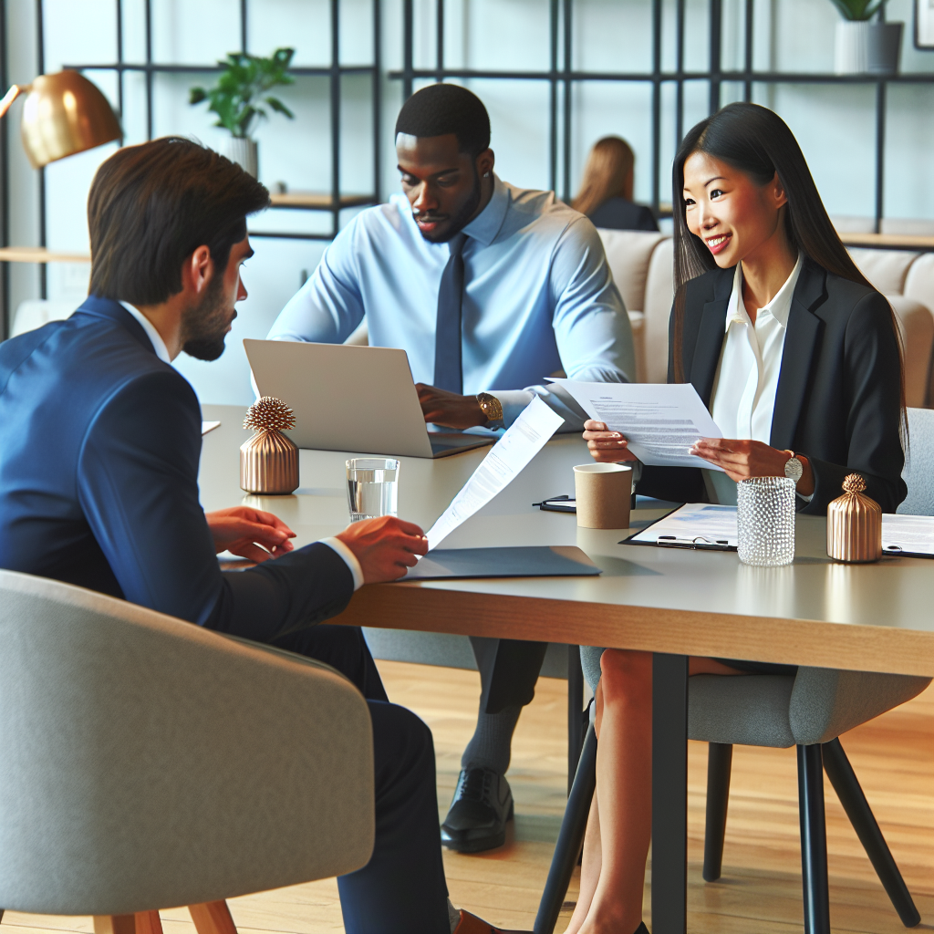 Generate an image of a retail manager reviewing CVs and conducting interviews in a stylish, contemporary office setting. The scene should illustrate the importance of cultural fit and flexibility, with diverse applicants interacting with the manager. The environment should be professional yet inviting, symbolizing a commitment to finding the right team members.