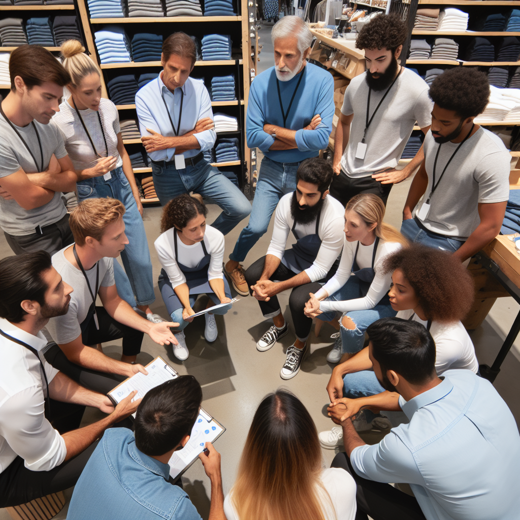 Generate an image of a retail team huddle in the store, focusing on flexibility and teamwork. Employees from different parts of the store are gathered in a circle, discussing strategies for customer engagement. The store's vibrant colors and diverse team members should reflect creativity, innovation, and adaptability in a fast-paced retail environment.