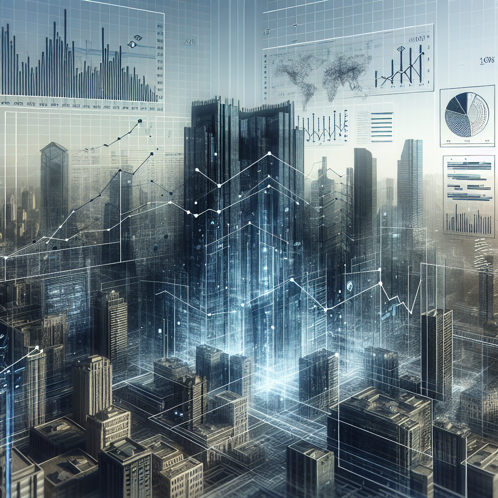 Generate an image of a financial sector landscape with skyscrapers and business charts integrating into the buildings, symbolizing market understanding for positioning an agency as an expert.