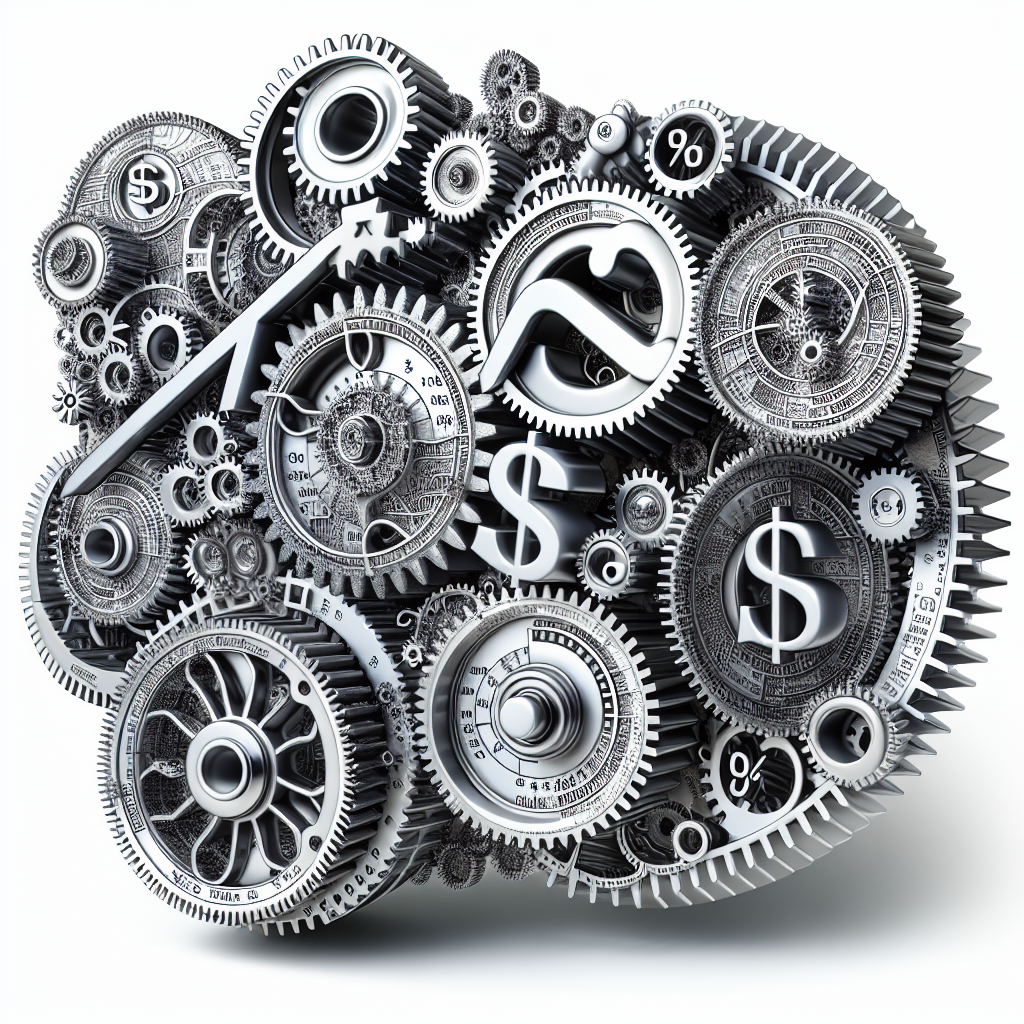 Generate an image featuring a brand logo made of intertwined gears and financial symbols, representing a strong brand identity in the financial staffing niche.