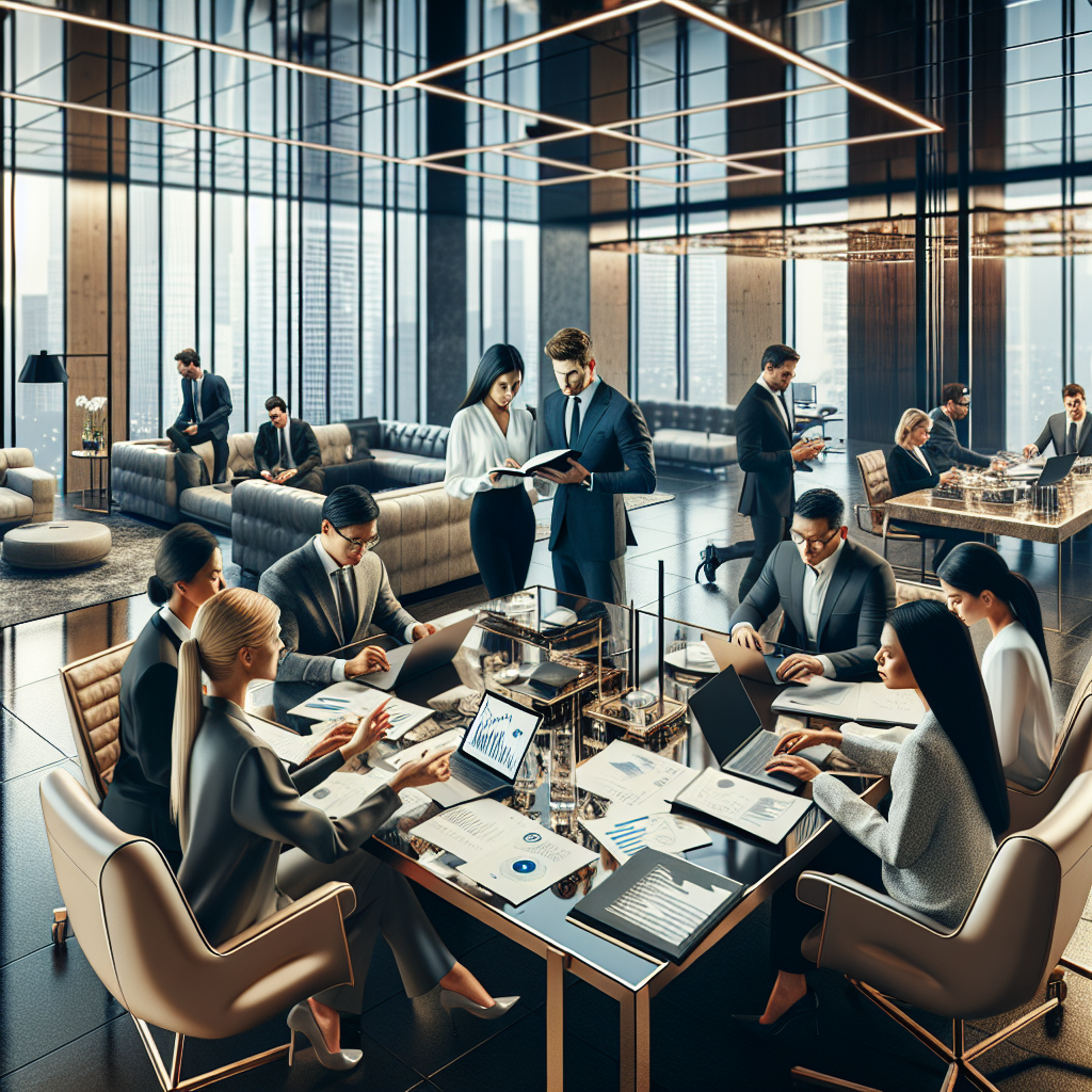 Generate an image of a high-end office setting with professionals collaborating and discussing over documents and laptops, reflecting the quality service aspect of a staffing agency in finance.