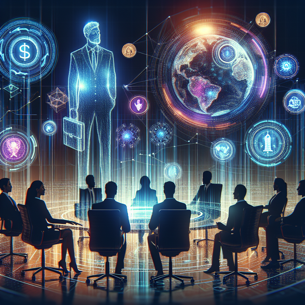 Generate an image of a futuristic digital forum where thought leaders are sharing insights and knowledge, symbolizing leadership and networking in the financial industry.
