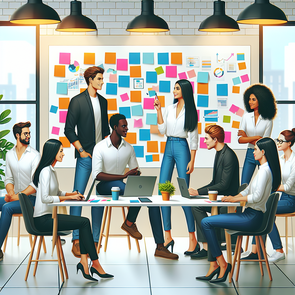 Generate an image depicting a creative and innovative marketing team brainstorming in a modern office setting, filled with whiteboards and sticky notes illustrating diverse ideas and strategies.