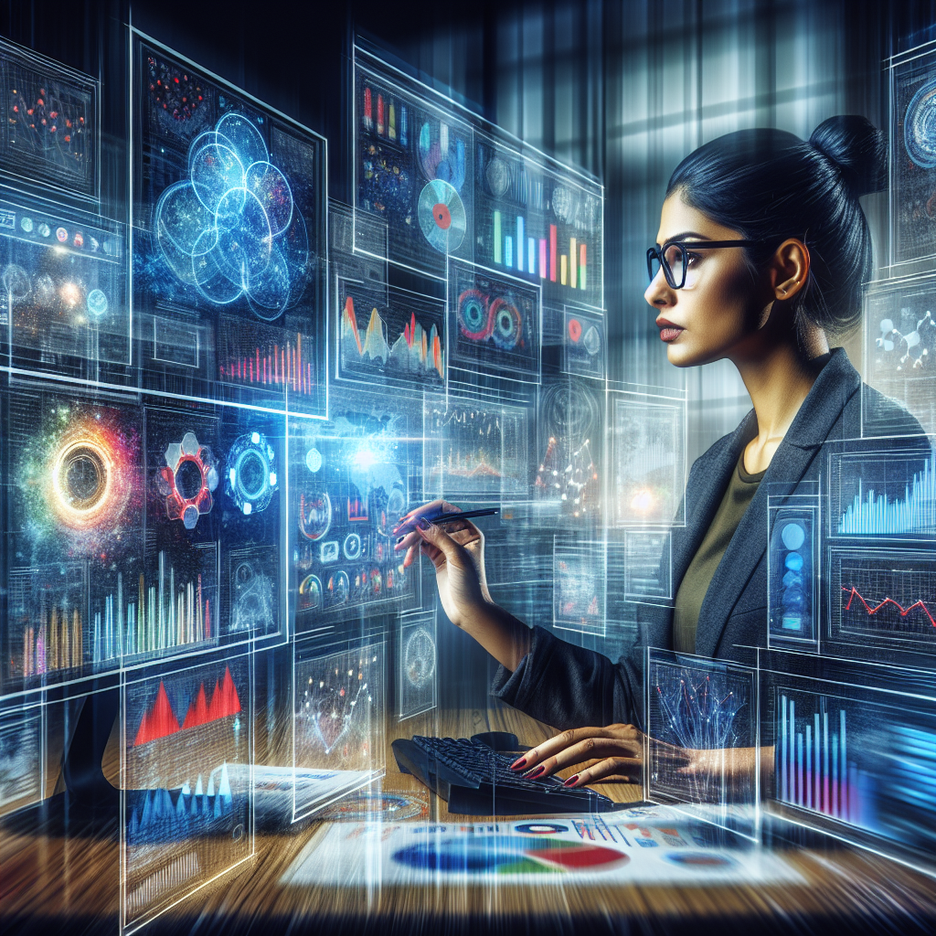 Generate an image showing a digital marketing expert analyzing data on multiple screens, surrounded by graphs, charts, and numbers, highlighting the importance of data analysis in marketing.