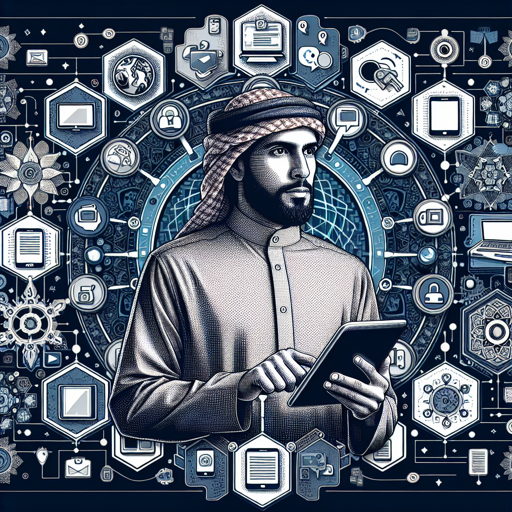 Generate an image of a person demonstrating digital literacy by effectively using various modern communication devices like tablets, smartphones, and laptops, with digital networks and social media icons surrounding them.