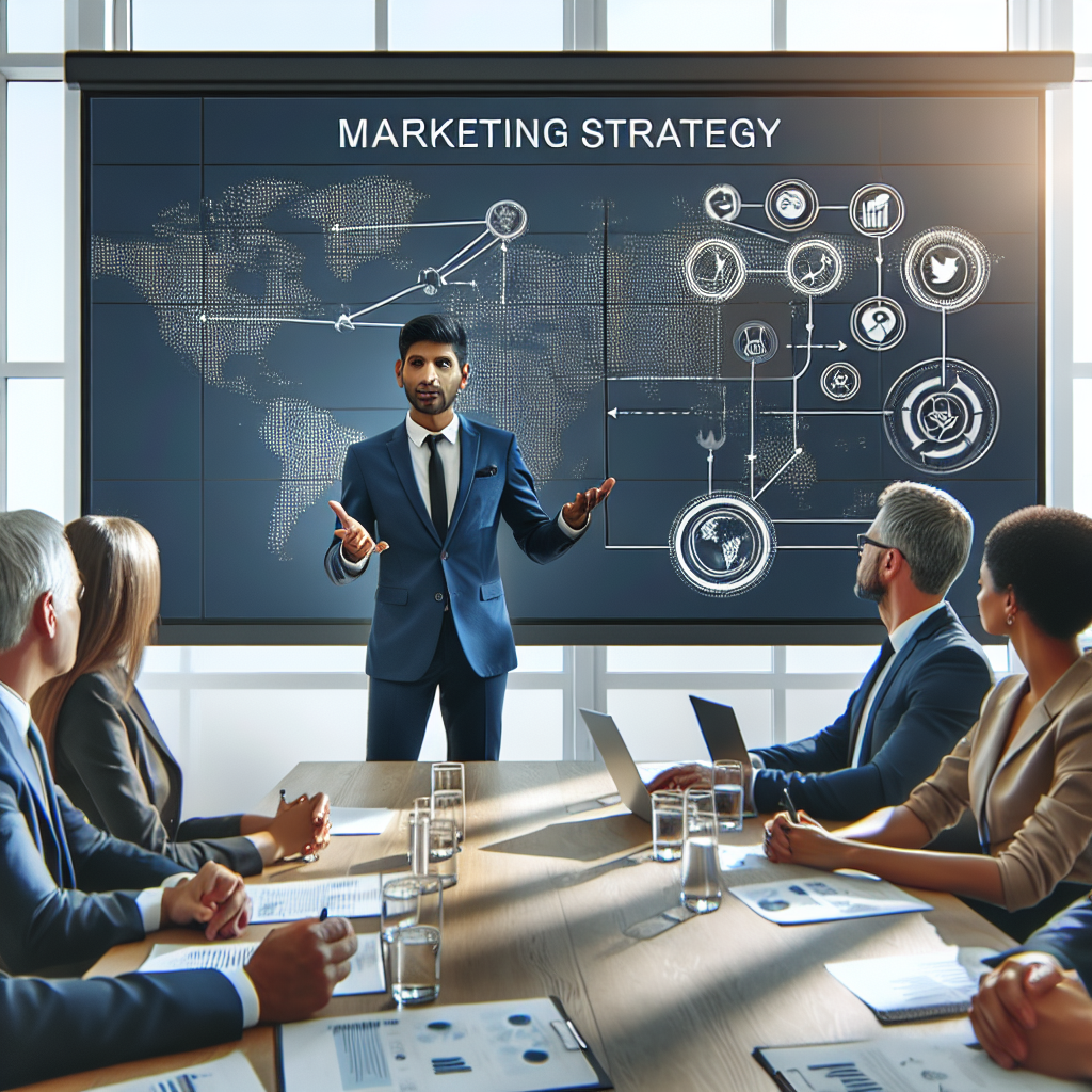 Generate an image portraying a skilled communicator presenting a marketing proposal in a vibrant boardroom, engaging an audience with expressive body language and clear visuals on a projector screen.