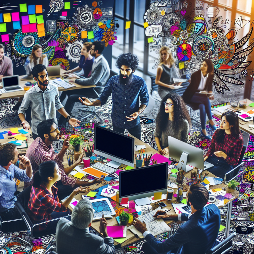 Generate an image depicting a diverse group of creative professionals engaging in a brainstorming session in a vibrant, modern office space. The room is filled with colorful post-it notes, sketches, and digital screens showing design software. The team is animatedly discussing ideas, reflecting collaboration and innovation in the creative industry.