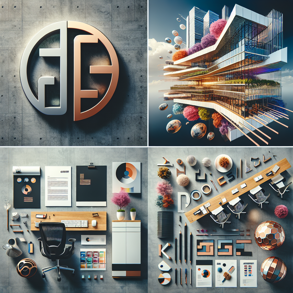 Generate an image showcasing a visually striking and unique employer brand identity. This includes a bold company logo, creative office space interiors, and a branded marketing campaign. The composition should reflect a sense of innovation and attractiveness that would appeal to creative talent.